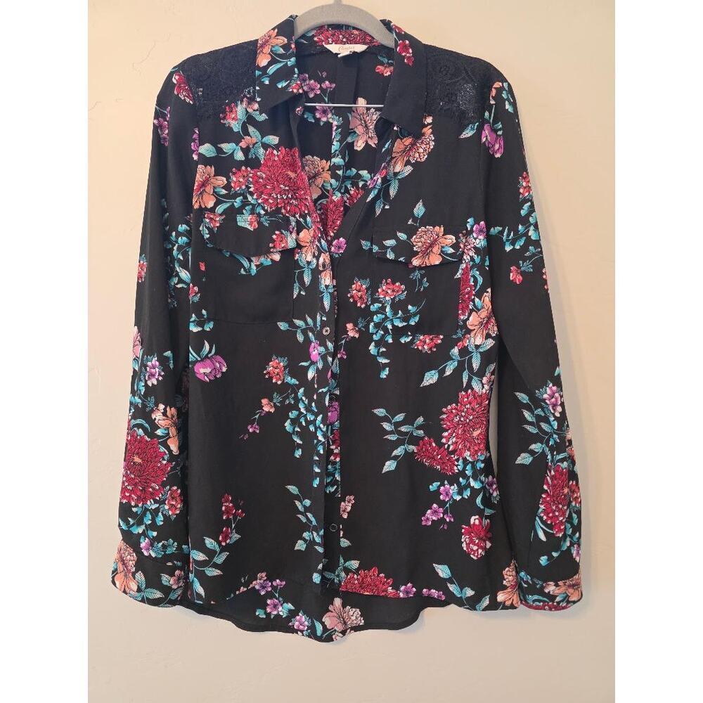 Candie’s Floral Button Up Blouse Lace Shoulder Black Top Size Medium